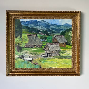 70's Vintage Japanese Farming Village Landscape Oil Painting, Signed 
