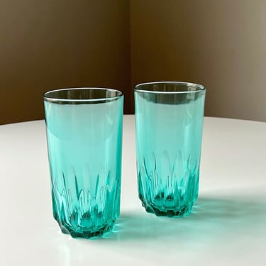 Set of 6 Vintage Luminarc Aquamarine/ Light Blue Glass Tumblers with a Geometric Cut Pattern (Made in France) 