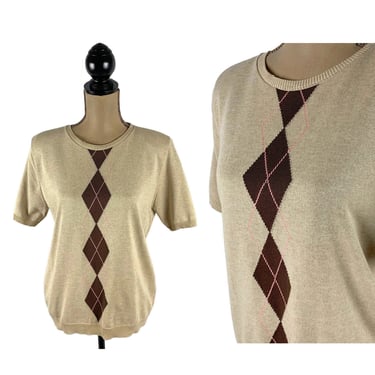 80s Beige Argyle Short Sleeve Sweater - Crew Neck Knit Acrylic Casual Fall Preppy Academia - 1980s Clothes Women Vintage from Alfred Dunner 