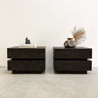 Custom Vintage Inspired Stacked Nightstands With Alpi Sushi Brown Wood Veneer MCM Postmodern 