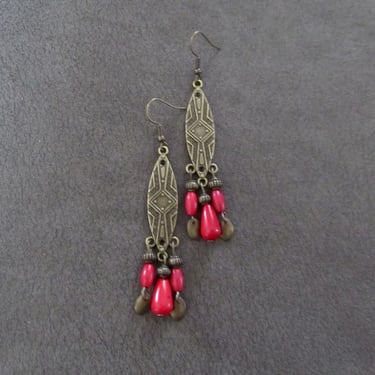 Chandelier earrings, tribal antique bronze and red howlite 