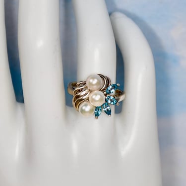 Pearl and Blue Topaz Ring Size 8 3 5mm Saltwater Akoya Japanese Pearls & Four Marquise Cut Blue Topaz Stones Marked Sterling Gift for Her 