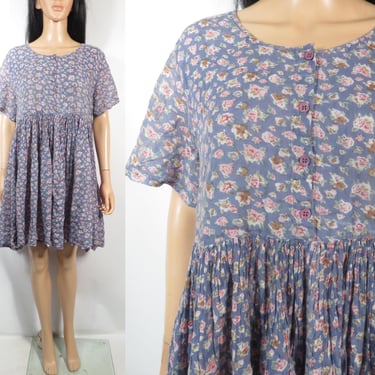 Vintage 90s Gauzy Cotton Floral Flowy Babydoll Dress Size L 