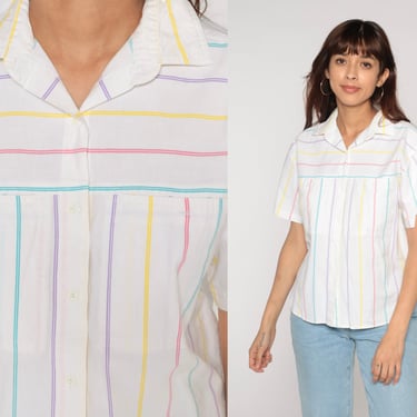 White Striped Blouse 80s Hidden Button Up Shirt Pastel Rainbow Short Sleeve Collared Top Retro Preppy Summer Cotton 90s Vintage Medium Large 