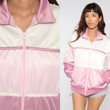 Color Block Track Jacket 80s Lavender Pink Striped Warmup Jacket Vintage Windbreaker Shiny Zip Up Retro Athleisure 1980s Sportswear Medium 