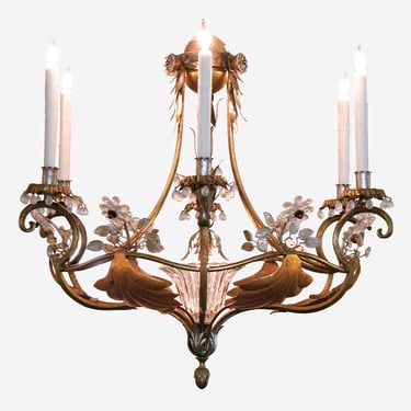 Italian 1960s Gilt-metal and Tole 7-light Chandelier with Crystal Flowers & Foliage stems