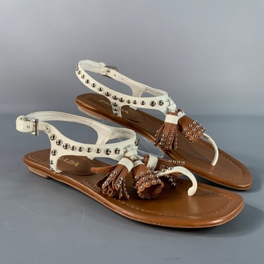 PRADA Size 6.5 Brown White Leather Studded Thong Sandals