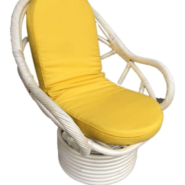 Restored White Rattan Bucket Lounge Chair W/ Swivel Base 