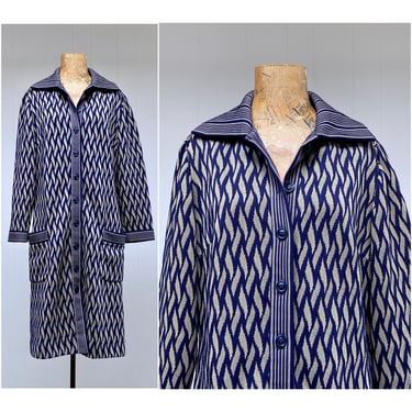 Vintage 1970s Polyester Geometric Pattern Coat, 70 Herringbone A-Line Coat, Boho Vegan Outerwear, Medium 38 Inch Bust 