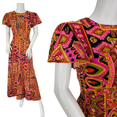 1970's Psychedelic Print Pink Orange Barkcloth Maxi Dress Sz Med I Hippie Dress 