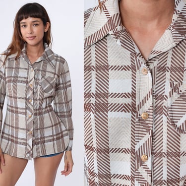 70s Checkered Shirt Brown Button Up Shirt Dagger Collar Blouse Preppy Disco Plaid Collared 1970s Top Long Sleeve Vintage Medium Large 