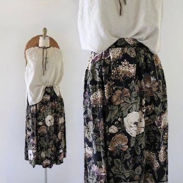 black floral midi skirt - 28-32 - vintage 90s y2k summer botanical dark floral long midi skirt pockets 