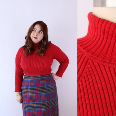 SIZE L 1990s Cherry Red Ribbed Turtleneck Pullover - Cotton Ribbed 90s Knit Sweater - Long Sleeve Ribbed Turtleneck 