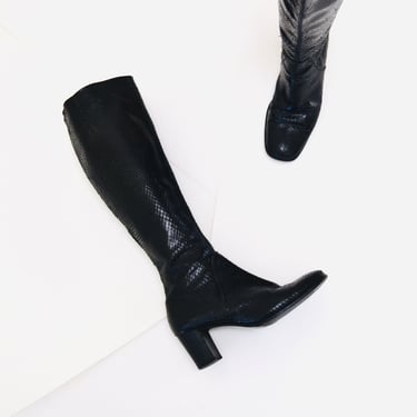 90s Vintage Black Snake Skin Embossed Leather High Heel Boots 6 1/2 Leather High Heel Black Boots Square Toe Maraolo boots Made in Italy 