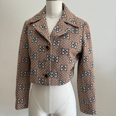 Vintage 60s Daisy and Polka Dot Polyester Blazer Tan, Black, & White; 70sPolka Dot Polyester Cropped Novelty Blazer Dagger Collar XS 