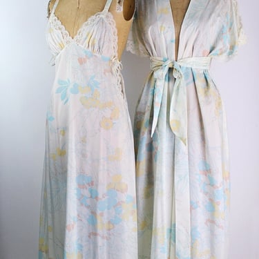 70s Christian Dior Two Piece Slip Set /Lace Vintage Lingerie / 70s Peignoir / Vintage Floral Robe / Wedding Honeymoon Lingerie /Size S/M 