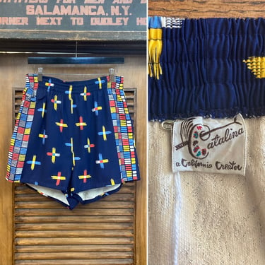 Vintage 1940’s “Catalina” Atomic Border Rayon Rockabilly Hawaiian Swim Trunks Shorts, 40’s Vintage Clothing 