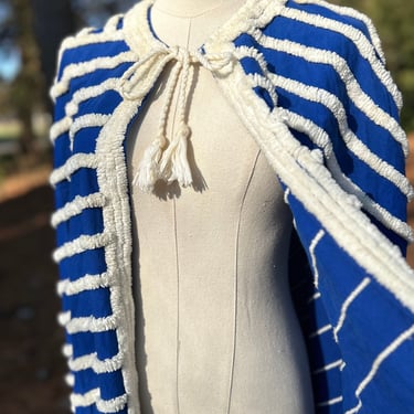 1930s 1940s Srunning Blue and White Chevron Patteen Long Beach Cape Rare Vintage 