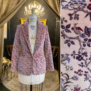 1970s jacket, pink velour, vintage blazer, medium, m j sportswear, suit jacket, novelty print, menswear style, bird print, 34 36, preppy 