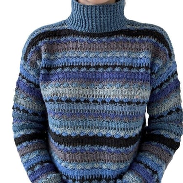 Hand Knit Crochet Blue 100% Llama Hand Made Mock Neck Hippie Sweater Sz M 