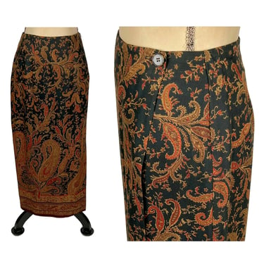 90s Maxi Wrap Skirt Medium, Rayon Fall Print Paisley, Long Pencil Skirt 28 Waist, 1990s Clothes for Women, Vintage SAKS FIFTH AVENUE 