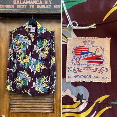 Vintage 1940’s “Duke Kahanamoku” Hula Girl Floral Tiki Rayon Hawaiian Shirt, 40’s Vintage Clothing 