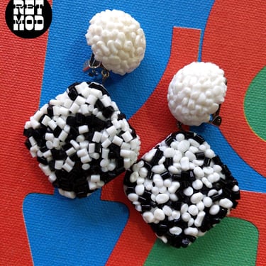 Large Unique Deadstock Vintage 80s 90s Black & White Confetti Dangle Statement Earrings 