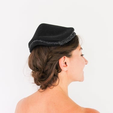 1940s Black Wool Bead Hat | 40s Black Wool Felt Peaked Hat | Eva Mae 