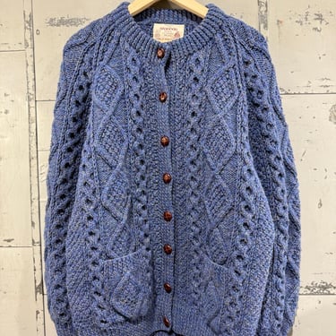 Vintage Blue fisherman sweater Standun Spiddal Thick Chunky Knit Cardigan cable knit Blue Hand Knit 