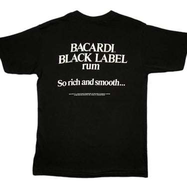 Vintage 1986 Bacardi Black Label Rum “So Rich and Smooth” Double Sided Tuxedo Graphic T-Shirt Size Large 