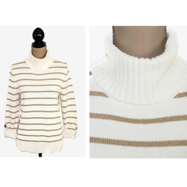 Y2K Turtleneck White Sweater with Metallic Gold Stripes, 3/4 Sleeve 100% Cotton Knit Pullover Tunic Size Small, 2000s Clothes Women Vintage 