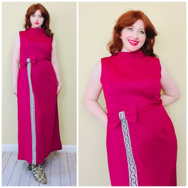 1970s Vintage Raspberry Pink Poly Knit Maxi Dress / 70s / Seventies Silver Metallic Trim Bow Gown / Size XL 