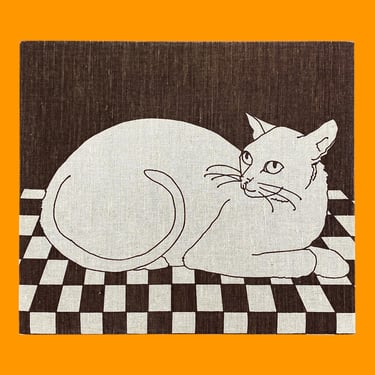 Vintage Marushka Fabric Screenprint 1980s Retro Size 14x16 Contemporary + White Cat + Brown Checkered Floor + Fiber Art + Wall Art + Decor 