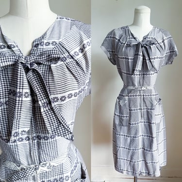 Vintage 1950s Black & White Gingham and Folklore Floral Shirtwaist Dress / S 