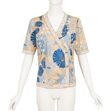 Averardo Bessi 1980s Vintage Floral Border Print Cotton Jersey Short Sleeve Top 