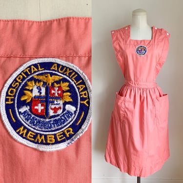 Vintage 1950s Pink Nurse Pinafore Dress / Volunteer Uniform // S-M 