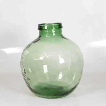 Large Green Vintage Glass Floor Vessel Vase Antique Transparent Retro Primitive Art XL Jar Table Flower Arrangement Loft Folk Round Jug 