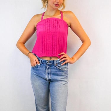 Vintage Hot Pink Silk Camisole |  80s tank top | Pleated Front Adjustable Straps  | Size Extra Small 