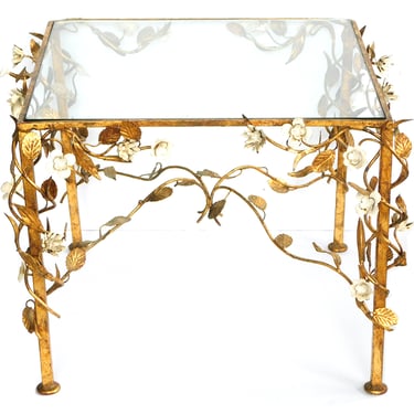 Italian 1960's Gilt-iron Square-form Side Table with Applied Tole Meandering Foliate Vine