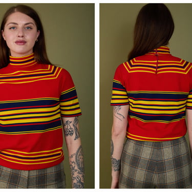 Vintage 1970s 70s Vibrant Red Yellow Striped Mock Neck Blouse T-Shirt Tee 