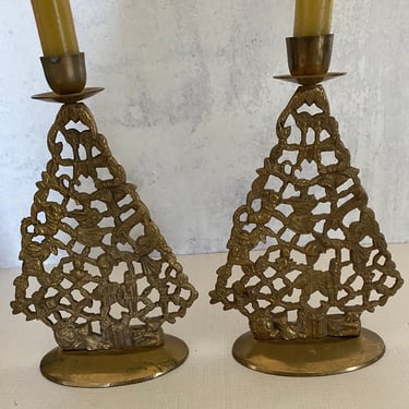 Pair Vintage Brass Christmas Candlestick Holders/Christmas Tree Candlesticks 