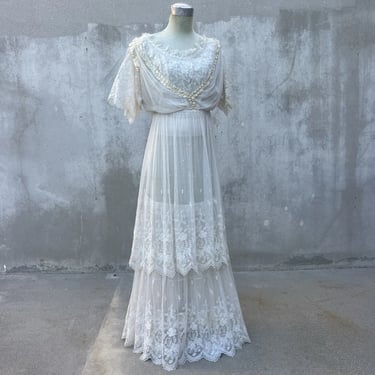 Antique Edwardian Tiered White Embroidered Floral Net Dress Ribbon Trim Vintage