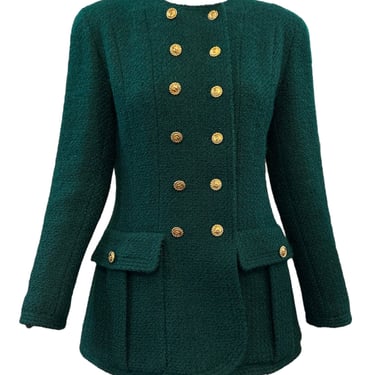 Chanel 90s Kelly Green Double-Breasted Nubby Wool Jacket with Logo Buttons
