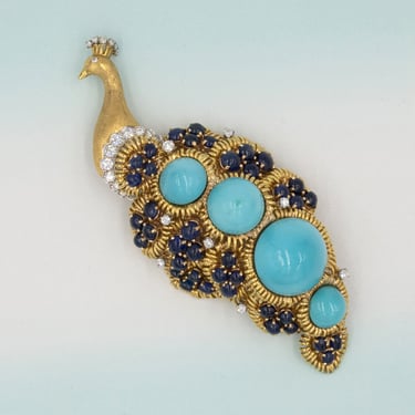 18k Yellow Gold Peacock Broach with Diamonds, Sapphires, and Turquoise