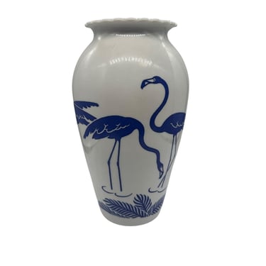 Mid Century Blue Flamingo Milk Glass Vase by Anchor Hocking Vitrock 