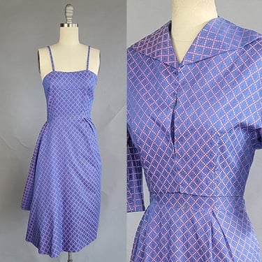 1950s Day Dress / 1950s Purple Dress / 1950s Pink & Purple Cotton Day Dress Set with Unique Flounce / Day to Night Dress / Size Small 