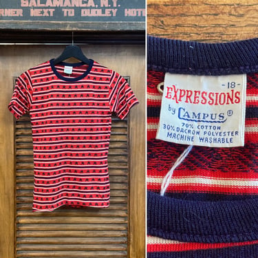 Vintage 1960’s “Campus” Stars x Stripes Knit Pop Art Border Design Youth Tee Shirt, 60’s T Shirt, Vintage Clothing 