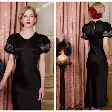 1930s Dress -  Incredible, Slinky Vintage 30s NRA Tag Jet Black Bias Cut Silk Satin Evening Gown with Puffed Sleeves 
