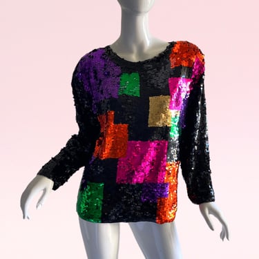 Vintage ’80s Sequin Geometric Rainbow Sweater Top | Retro Glam Fashion 