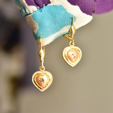 Vintage Hallmarked 14K Yellow & Rose Gold Heart Dangle Earrings, Diamond-Cut Accents, 585 Leverbacks, ARPAS 14K, 26mm 